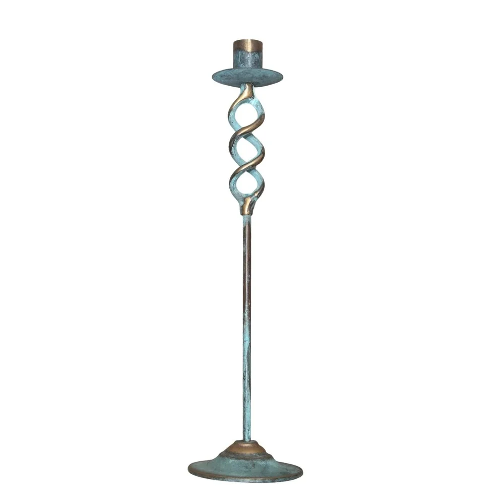 Vintage Brass Turquoise Verdigris Patina Candlestick Holder Twisted Helix 13 in.